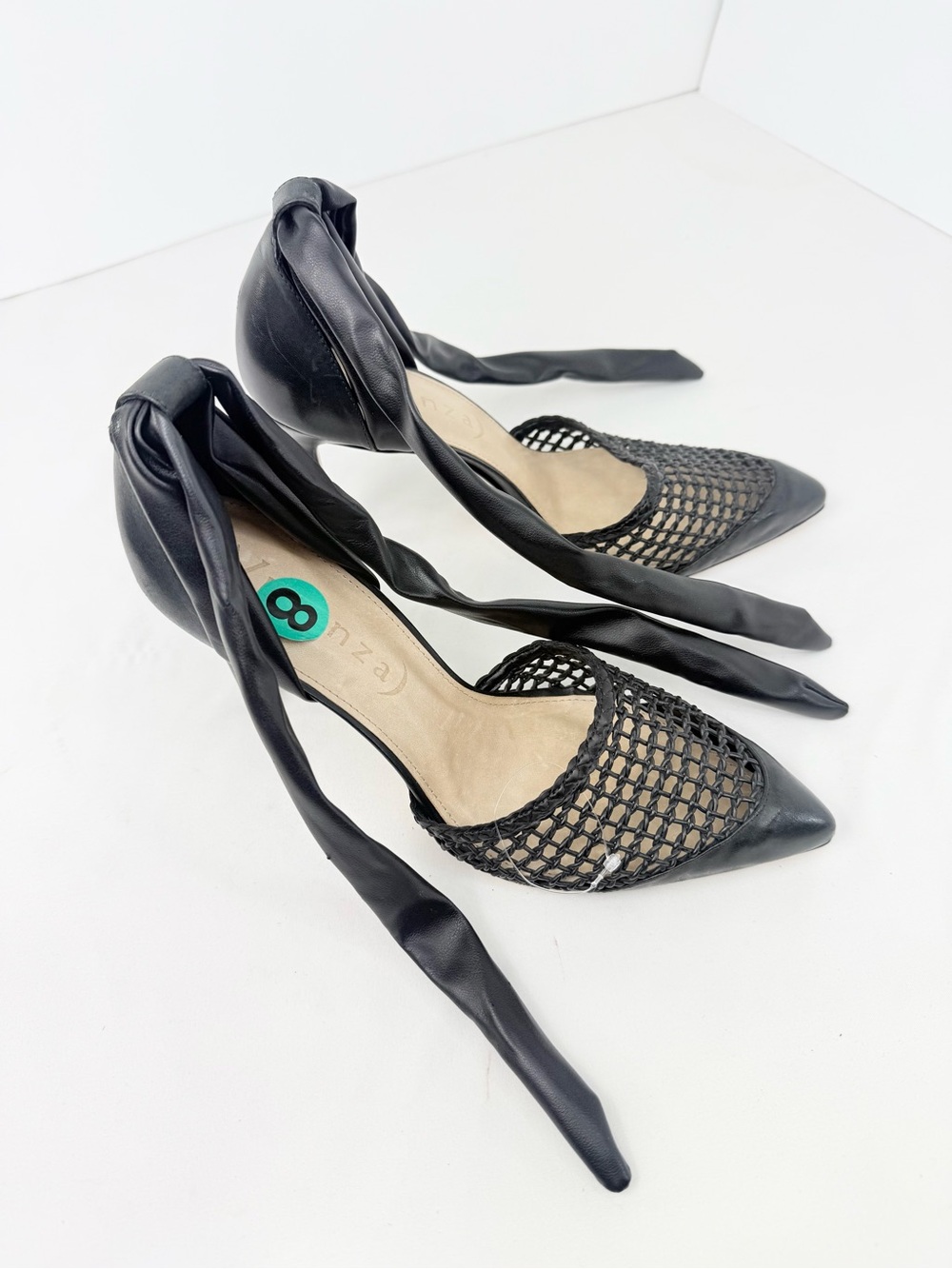 Vicenza Anthropologie Black Leather Woven Pointed Toe Wrap Ankle Strap Pump Heel - Picture 5 of 16